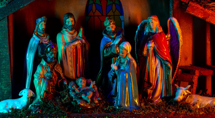 Nativity of Jesus. Christmas Christian nativity scene with Jesus in the manger, kings, farm animals and star of Bethlehem.