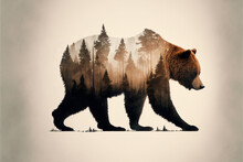 Double Exposure Of A Wild Brown Bear And A Pine Forest