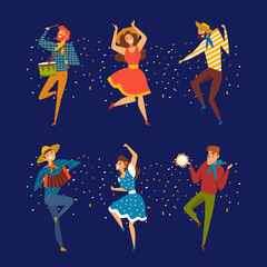 Wall Mural - People Character Playing Musical Instrument and Dancing Enjoying Party and Festival Vector Set