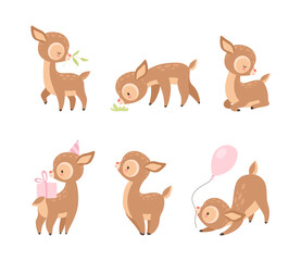 Sticker - Cute Baby Deer with Spots as Adorable Hoofed Mammal Living in Forest Vector Set