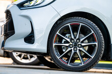 Sports Car Wheels, Low Profile Tires On Aluminum Rims, Closeup