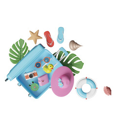 Wall Mural - summer travel with blue suitcase, sunglasses, hat, palm leaf, lifebuoy, sandals, starfish, space, shellfish, alarm clock isolated. top view, concept 3d illustration or 3d render