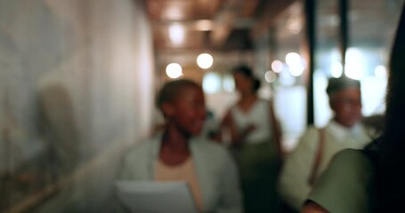 Leinwandbilder - Night, tablet and business people walking in office after finishing work task. Tech, overtime and Asian woman with group of friends going home after working late on sales project in dark workplace.
