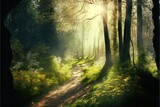 Fototapeta Las - Beautiful forest in spring with bright sun shining through the trees. Generative AI