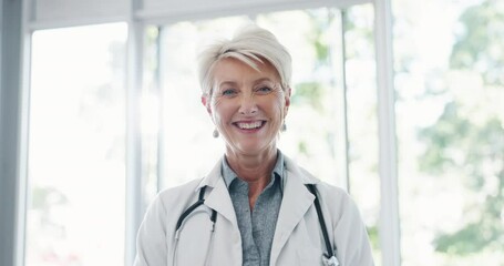 Poster - Face, senior woman and doctor for healthcare, wellness or medicine. Mature female, portrait or medical professional with smile, leader or confident with uniform, stethoscope or motivation in hospital