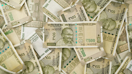 Indian Rupees background, Pile of Indian money cash. Five hundred rupee currency banknotes.