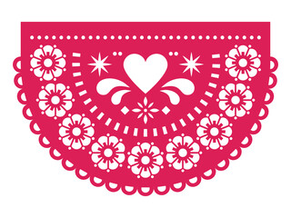 Wall Mural - Valentine's Day paper cutout decoration Papel Picado vector half circle design with heart and flowers, Mexican party garland
