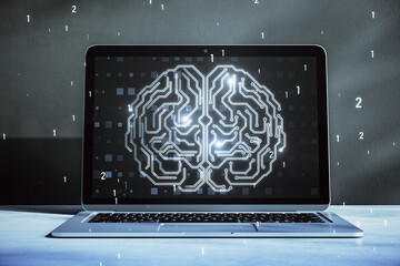 Poster - Close up of laptop on desktop with glowing human brain hologram on screen and blurry background. Neurology research and artificial intelligence concept. 3D Rendering.