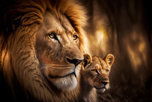 This Proud Male Aftican Lion Is Cuddled By His Cub During An Affectionate Moment. Digital Art