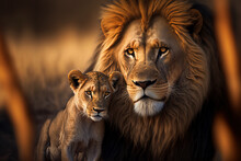 This Proud Male Aftican Lion Is Cuddled By His Cub During An Affectionate Moment. Digital Art