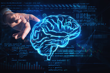 Poster - Digital data mining, machine learning development and ai concept with man finger pointing at digital glowing blue human brain with convolutions on dark technological background