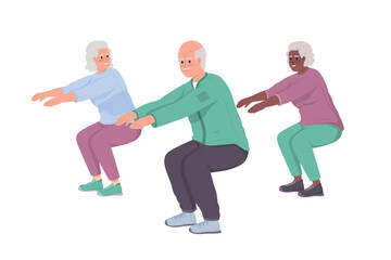 Poster - Elderly people exercising semi flat color vector character. Editable figure. Full body people on white. Sport club for aged simple cartoon style illustration for web graphic design and animation