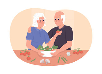 Poster - elderly man and woman at kitchen 2d vector isolated illustration. make meal for family dinner flat c