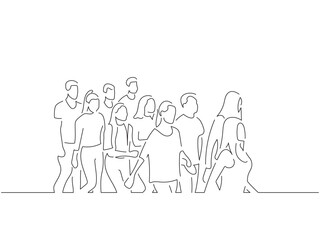 Group of people walking in line art drawing style. Composition of casual people. Black linear sketch isolated on white background. Vector illustration design.