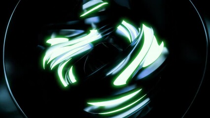 Aufkleber - Moving abstract ball with glowing lines and metallic texture. Design. Futuristic ball rotates with metal curves and neon line. Abstract 3d ball rotating with neon light