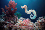 Fototapeta  - Cute seahorse under water as sealife illustration (Generative AI)