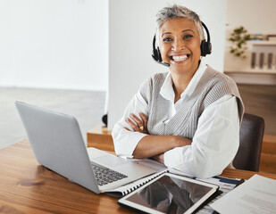 Aufkleber - Portrait, woman and remote work from home for call center, consulting and help. Headset, female agent smile and consultant with laptop, communication and telemarketing for startup company or business