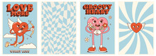 Set Retro Groovy Poster With Heart And Abstract Background. Happy Valentines Day. Groovy Heart. Love More, Worry Less. Trendy 70s Cartoon Style. Card, Postcard, Print.