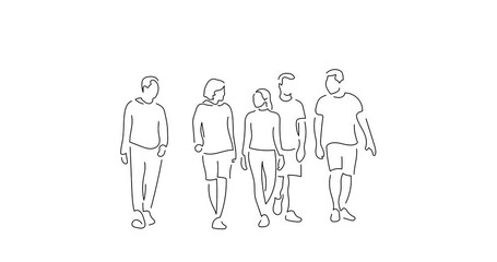 Wall Mural - Group of people walking in line art animation. Composition of casual people. Black linear video on white background. Animated gif illustration design.