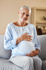 Poster - Pregnant mature woman, smile and relax on sofa in living room for infant health, ivf care and new mother support. Childcare, baby wellness and pregnancy love, happiness and hands on stomach on couch