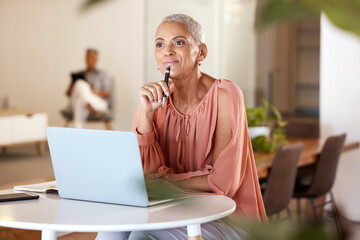 Poster - Office, thinking and mature woman with idea for creative startup business or schedule planning in notebook at desk. Freelance worker, designer or writer, pen in hand working on ideas in modern office