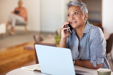 Poster - Communication, phone call and coffee, mature woman with phone and laptop in cafe in India. Success, internet and talking on smartphone, senior startup owner and happy woman networking with client.