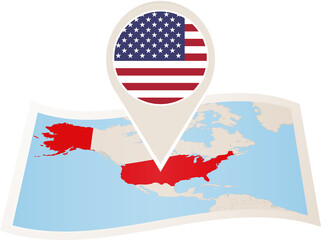 Wall Mural - Folded paper map of USA with flag pin of United States of America.