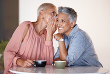 Senior Women, Bonding Or Whispering Secrets In Coffee Shop, Restaurant Or Cafe And Funny Gossip, News Or Story. Smile, Happy Or Retirement Elderly Friends Whisper In Ear Or Sharing In Rumor Spread