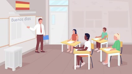 Poster - Animated Spanish lesson illustration. Teacher and students. Learning language. Looped flat color 2D cartoon characters animation with classroom on background. HD video with alpha channel