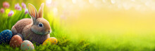 Easter Bunny With Easter Eggs, Pretty Countryside, Grass, Flowers, Sunshine Background, Generative Ai Illustration.