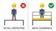 Workplace safety notice of do's and don'ts practice. Worker on the high place without fall protection. Guardrail installation. Unsafe condition.