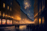 Fototapeta Londyn - New Year's Eve with colorful fireworks on the city streets