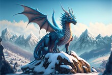 Dragon Sitting On Rock At Snowy Mountains.