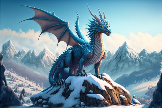 Dragon sitting on rock at snowy mountains. generative ai