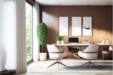 Wooden manage room with white armchairs and table with computer. Office minimalist furniture, near window in business office, side view. Generative AI