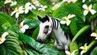 Сute baby Horse peeking out in hawaii jungle with plumeria flowers. Amazing tropical floral pattern