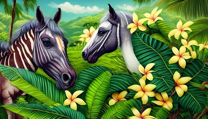 Naklejka na meble Сute baby Horse peeking out in hawaii jungle with plumeria flowers. Amazing tropical floral pattern