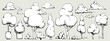 Set of summer Trees, Bushes, Stones, grass and Clouds. Tree sketches for landscape design or architectural presentation. Vector illustration. Hand drawn, isolated monochrome elements.