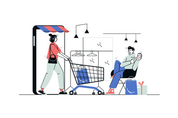 Wall Mural - Shopping concept in flat line design. Man orders and buying goods in mobile application. Woman makes purchases with shopping cart at supermarket. Illustration with outline people scene for web