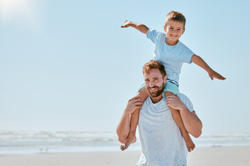 Father, kid and piggy back at beach on vacation, holiday or trip mock up. Family love, care and portrait of man bonding with boy while carrying him on shoulders, having fun and enjoying time together