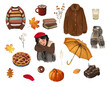Set of autumn clipart, dark academia style, autumn style. Png illustration with transparent background.