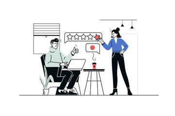 Aufkleber - Best feedback concept in flat line design. Man and woman giving consumer feedbacks with stars, leaving comments with good experience and review. Illustration with outline people scene for web
