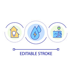 Sticker - Generating electricity from water at home loop concept icon. Hydropower system abstract idea thin line illustration. Renewable energy. Isolated outline drawing. Editable stroke. Arial font used