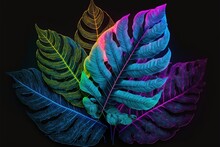 Multicolored Tropical Leaves Backlight Neon. Abstract Background With Palm And Tropical Leaves, Neon. AI
