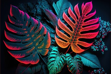 Wall Mural - Multicolored tropical leaves backlight neon. Abstract background with palm and tropical leaves, neon. AI