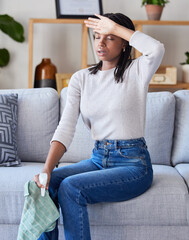 Canvas Print - Headache, cleaning woman and tired person at home after spring clean and living room dust. House, black woman and sad cleaner feeling stress and sad from spring cleaning with spray and cloth on sofa