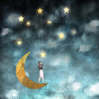 Ilustracja gwiezdne niebo i księżyc z postacią młodej kobiety z włosami unoszonymi przez gwiazdy.