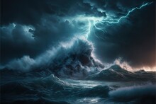 Night Sea Dramatic Landscape With A Storm. Night Storm On The Ocean. Gloomy Giant Waves And Lightning. Dark Cloudy Sky Above The Water. AI