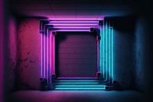 Dark Night Room With Brick Walls With Neon Illumination, Metal Pipes On The Walls, A Passageway, A Tunnel In The Wall. AI
