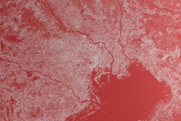 Canvas Print - Map of the streets of Tokyo (Japan) made with white lines on red paper. Top view, rough background. 3d render, illustration